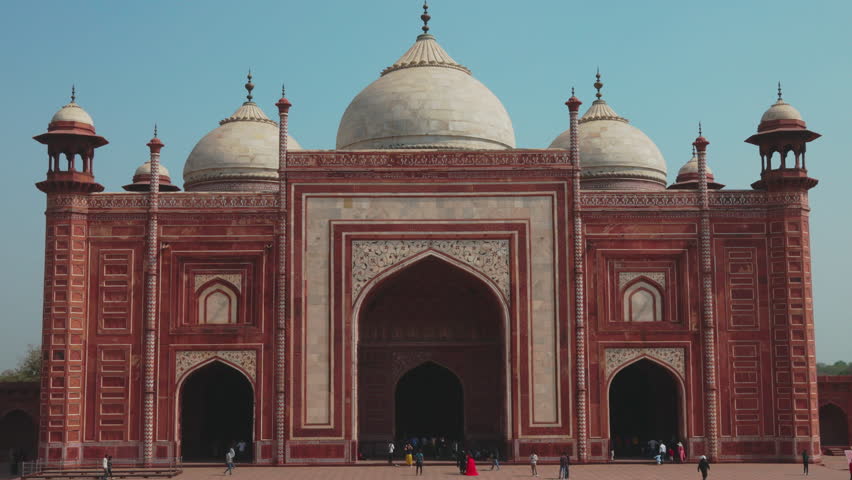 Agra, Uttar Pradesh, India. People visiting Mehmaan khana in Taj mahal. Famous indian islamic heritage at sunny day. Popular Place.