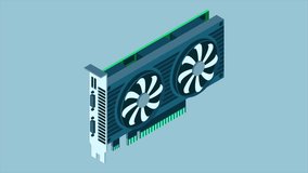 3d isometric video graphic card animation. Isometric of device graphic card. Personal computer hardware component. 4K video animated in isometric style
