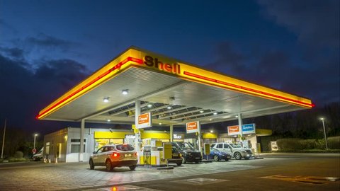 Hannover, Germany - January 16, 2018: Shell gas station at night in Hannover, Germany Timelapse