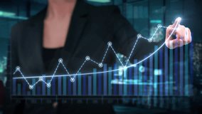 Businesswoman Drawing A Bright Arrow Showing Increasing Profits In Financial Chart. Business Success.  Broker in Suit Using Virtual Reality or Working in AR at Workplace.  Quarter Profits. - Powered by Shutterstock - Get 15% off with code: PIKWIZARD15