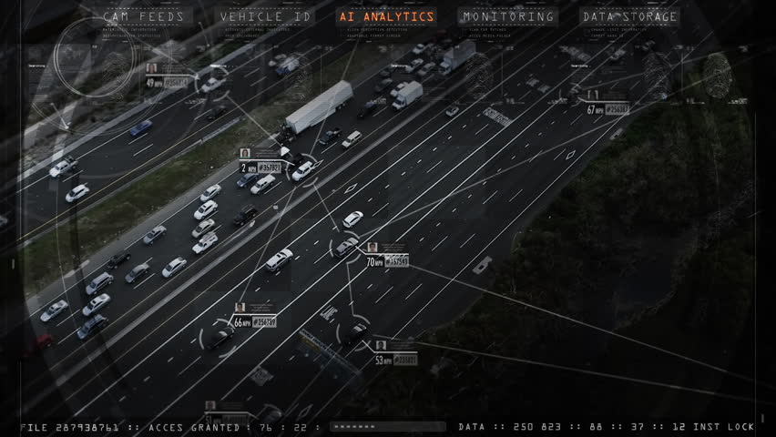 Aerial Shot of Security Interface Tracking Traffic. Major Highway At Rush Hour, Intelligence Agency Using Artificial Intelligence to Find a Criminal or Terrorist. ID Verification, Criminal Control.  Royalty-Free Stock Footage #3497231471