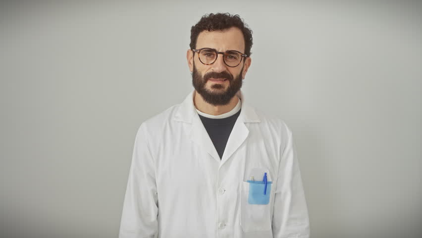 Cheerful middle-aged man wearing scientist uniform, framing a photo concept with hands and fingers on an isolated white background, embodying creativity and photographic inspiration.