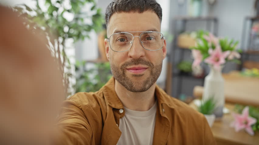 A cheerful man with glasses in a flower shop takes a selfie, showcasing indoor plants and a cozy atmosphere.