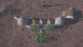 Base on Mars, aerial view. Green plants in greenhouses. A man astronaut returns to his family of colonists on Mars. Colony base on Mars. Futuristic colonization and space exploration concept. - Powered by Shutterstock - Get 15% off with code: PIKWIZARD15