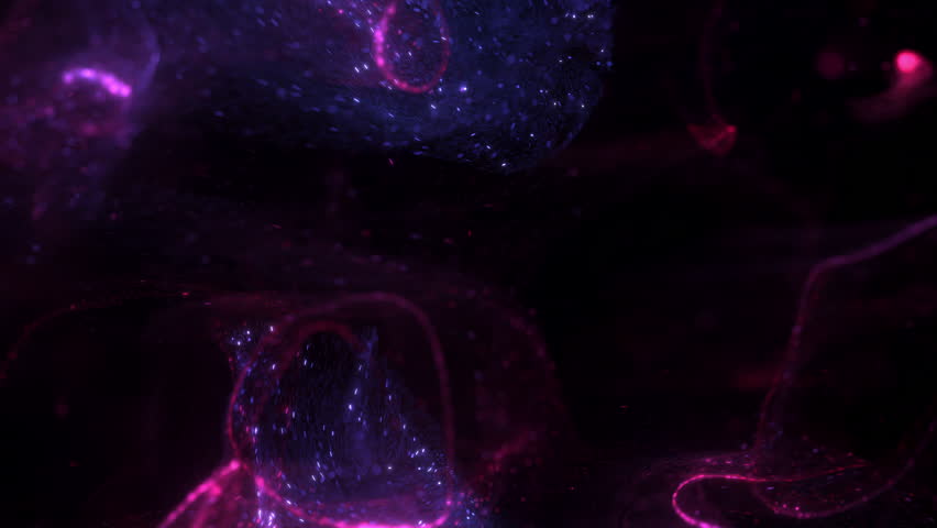 Elegant purple pink abstract particle swirl background loop. Decorative surreal luxury 3D animation backdrop. Floating glowing light streaks and vibrant sparks showcase backplate.