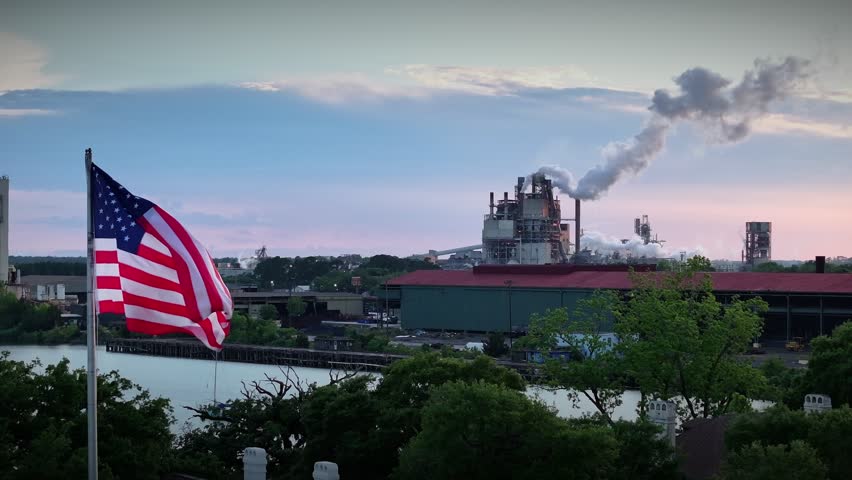 The American flag flies above a large manufacturing facility at dusk.