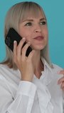 Joyful Woman Talking Phone On Blue Background