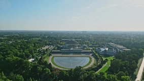Aerial drone video of the Centennial Hall or Hala Stulecia event venue in Wrocław Poland during an afternoon