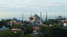 Aerial drone video of the Aya Sofia Mosque in Istanbul, Turkey during a sunrise