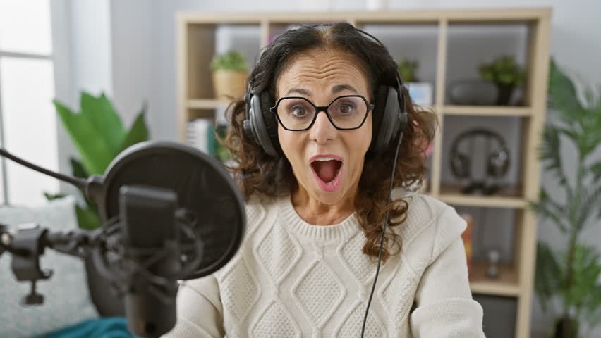 Excited middle age hispanic woman, a confident radio broadcaster, raises arms in victory, cheering triumphantly in studio. celebrating success, she delightfully screams into the microphone.