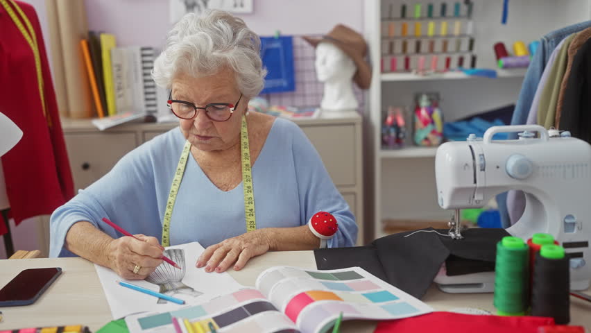 A senior woman tailor designs fashion in a colorful atelier with sketches, fabric, and sewing machine.