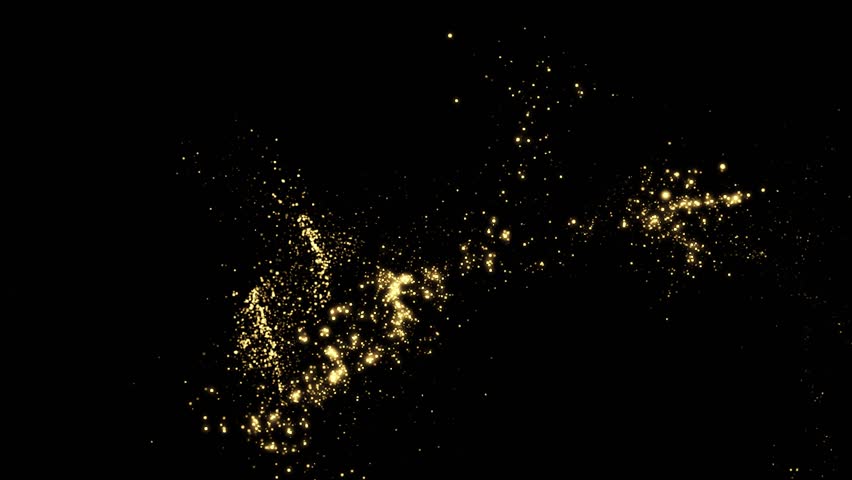Gold Particles Moving Background. fast energy flying wave line with flash lights. Particle from below. Particle gold dust flickering on black background.