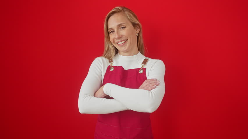 Happy, cool smiling young blonde woman wearing apron, confidently showing off perfect teeth over a vibrant, isolated red background