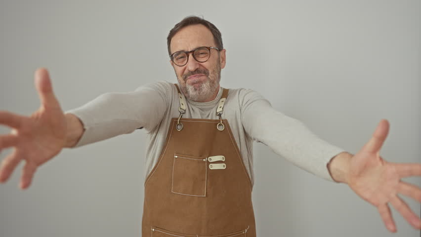 Handsome middle age man with a cheerful smile, wearing apron, standing before isolated white background, ready for a warm hug with open arms to welcome happiness!