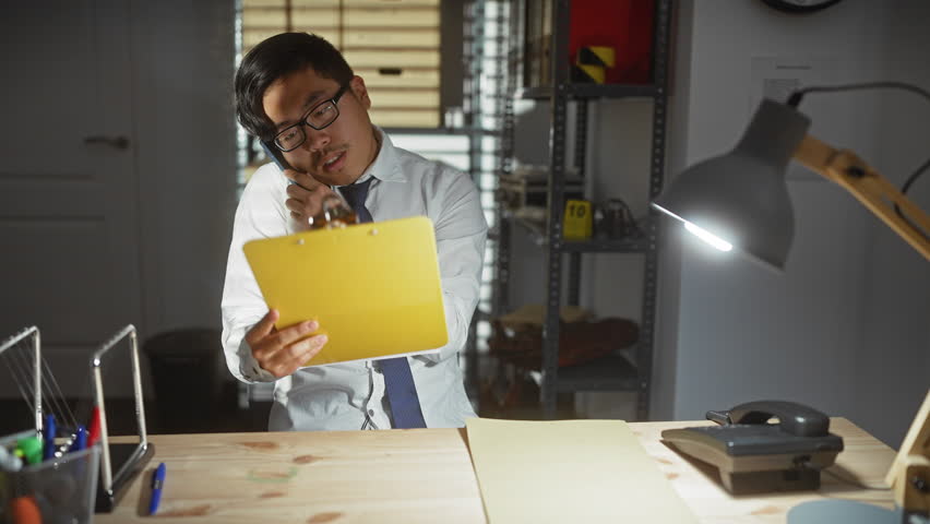 A young asian man in an office reviewing documents at a detective