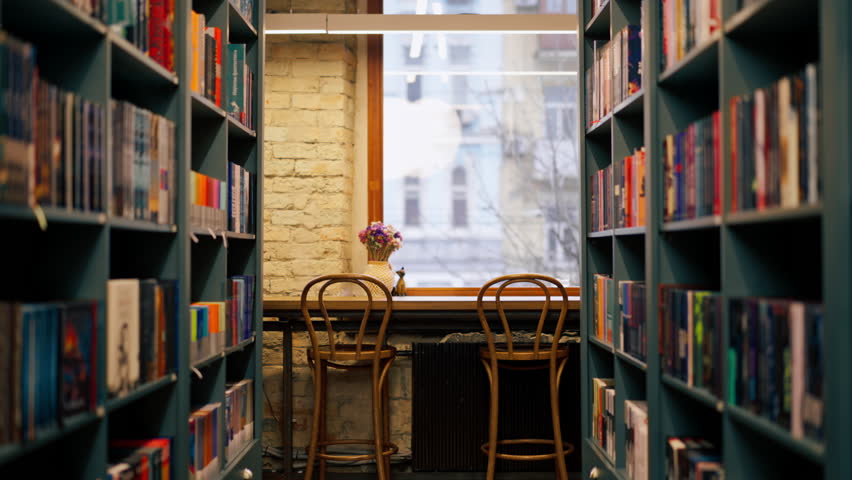 in a bookstore young girl chooses a new book for herself preparing for exams