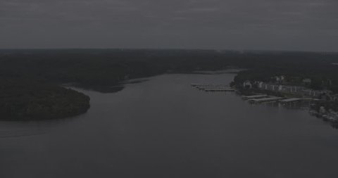 Aerial footage over Lake of the Ozarks; Dawn Stock Video