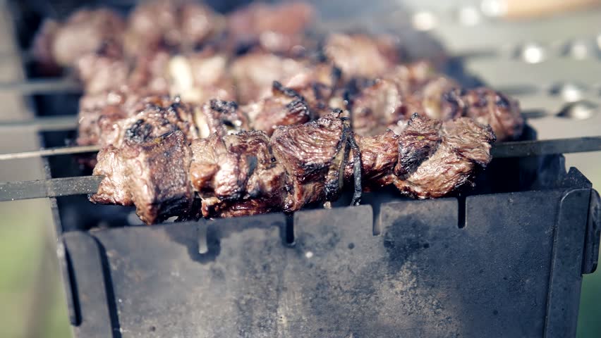 Grilling Tasty Dish Barbecue. Cooking On Picnic On Charcoal Souvlaki Food Metal Skewer Beef. Street Food Grill. Grilling Marinated Shashlik Souvlaki. Grilled BBQ Meat On Fire. Roasting Meat Bbq Grill Royalty-Free Stock Footage #3497549399