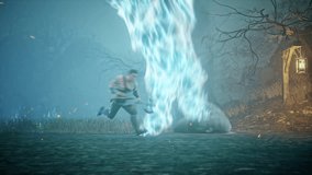 Animation of the magical fighting between player and monster in a video game. Battling the magical enemy in a video game level. Main character defeating the target in magic video game level.