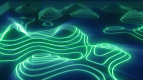 Green looped futuristic hi-tech landscape with mountains and canyons from glowing energy circles and magic lines. Abstract background. Video in high quality 4k, motion design