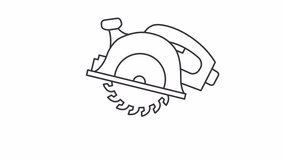 Animated circular saw icon. Spinning blade of power saw line animation. Cutting tool. Woodworking equipment. Black illustration on white background. HD video with alpha channel. Motion graphic