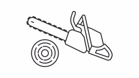 Animated chainsaw icon. Cutting tree line animation. Forestry and construction equipment. Electric chain saw. Black illustration on white background. HD video with alpha channel. Motion graphic