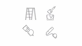Painting work line animation library. Animated painting equipment icons. Room makeover. Home improvement. Black illustrations on white background. HD video with alpha channel. Motion graphic
