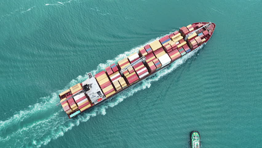 express Cargo Container experss ship running very fast in the ocean. Container ship carrying container import export concept technology freight shipping by ship. aerial top of Container Vessel	

