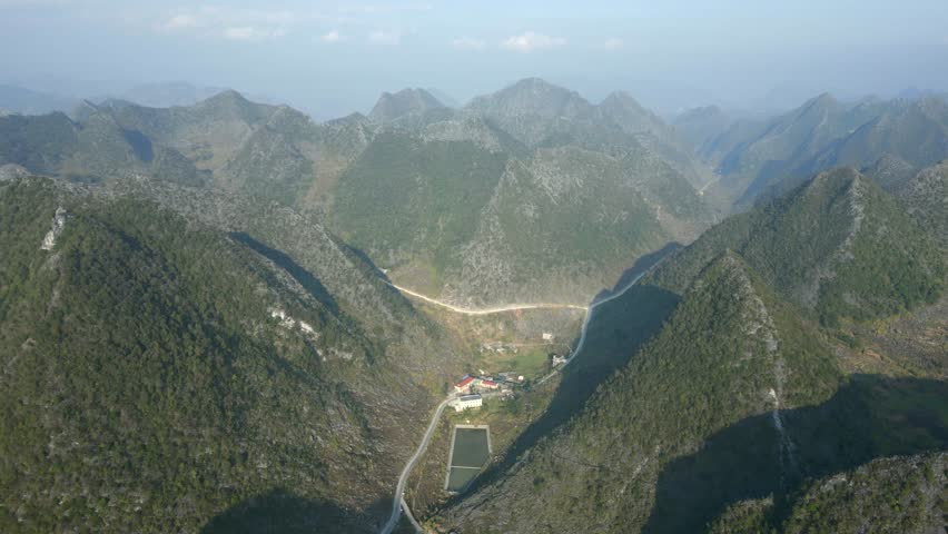 Aerial vie of picturesque mountain landscape on the Ha Giang loop route, North Vietnam.
