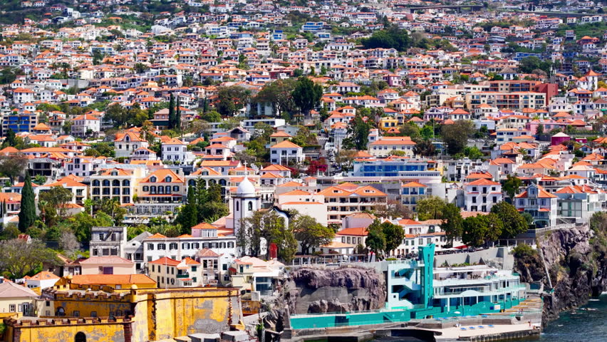 Funchal town old district on Madeira island on Atlantic coast, Aerial view
