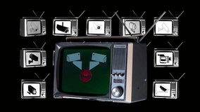 television rotating in space with sequence of cctv camera and red lips on the screen with glitch and distortion overlay effects
