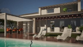 3D modeling and video of a residential building with swimming pool and Belgium flag blowing in the wind
