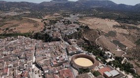 aerial dolly-out video of the most ancient city of Ronda, Andalusia, Spain panoramic view