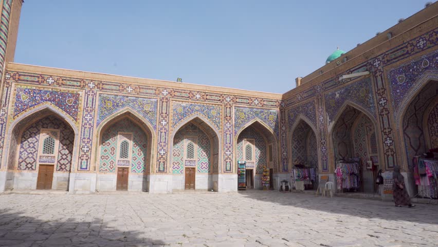 Aerial view of The Registan Square. Ulugh Beg Madrasah,  Tilya-Kori Madrasah. A popular tourist destination of Central Asia. Samarkand, Uzbekistan Drone