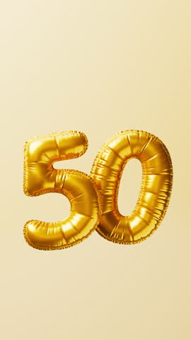 Golden balloons Number 50 rise and float animation. Anniversary concept. 3d render. 3D Illustration