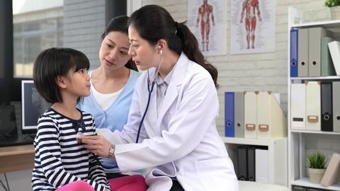Beautiful young mother and her little daughter at the pediatrician. Doctor is examining little patient using a stethoscope to check lung and heart and kid deep breath. Vídeo Stock