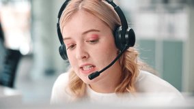 Call center, customer support and woman consultant in office talking for online ecommerce consultation. Discussion, headset and female telemarketing agent speak for crm contact service at workplace. - Powered by Shutterstock - Get 15% off with code: PIKWIZARD15