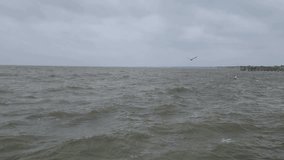 This is a video of a large ocean bay with rough waves during an afternoon storm.