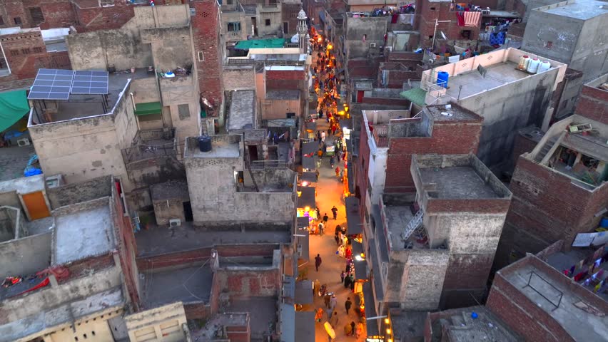 Walled City of Lahore. Evening Market near Delhi Gate, Aerial Drone Shot. Lahore, Punjab, Pakistan