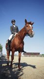 An elegant equestrian girl in a riding costume and a beautiful bay horse are engaged in horseback riding. Vertical video, slow motion