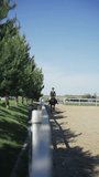 An elegant equestrian girl in a riding costume and a beautiful bay horse are engaged in horseback riding. Vertical video, slow motion