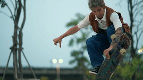 Cool Asian man skating on longboard skate at public park at night. Handsome guy enjoy and fun urban active lifestyle practicing outdoor extreme sports skateboarding at city street on summer vacation. - Powered by Shutterstock - Get 15% off with code: PIKWIZARD15