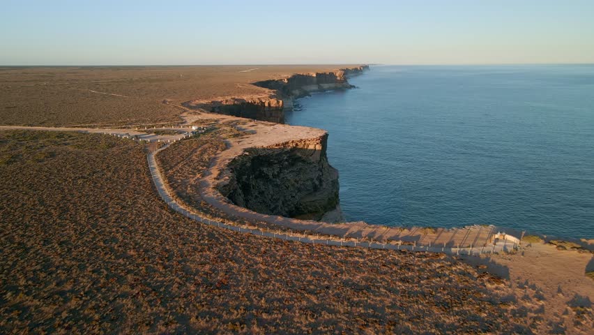 Wide angle view of Nullarbor Cliffs during afternoon with parking area in South Australia. Drone shot.
