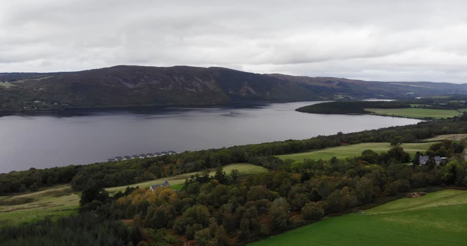 Aerial View Of Loch Ness In The Scottish Highlands. Push Forward Shot