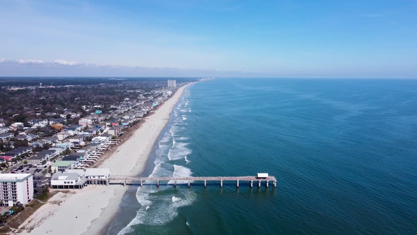 Surfside Beach South Carolina Aerial 4k Cinematic View, Clear Sunny Day, USA.
