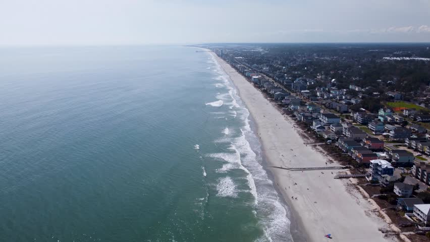 Surfside Beach South Carolina Aerial 4k Cinematic View, Clear Sunny Day, USA.