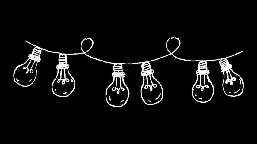 This is a motion graphic animation of a white wiggly hand drawn light bulb on string decoration doodle, on alpha transparent background, on loop