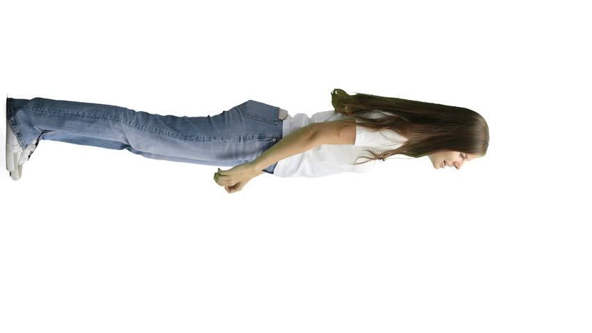 A woman, full-length, on a white background, claps