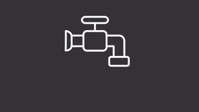 Tap water white line animation. Faucet animated icon. Valve rotating, waterdrop falling. Household networks. Isolated illustration on dark background. Transition alpha video. Motion graphic