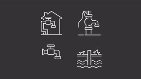 Home water pump animation library. Municipal networks animated white line icons. Tap water, filtration system. Isolated illustrations on dark background. Transition alpha. HD video. Icon pack